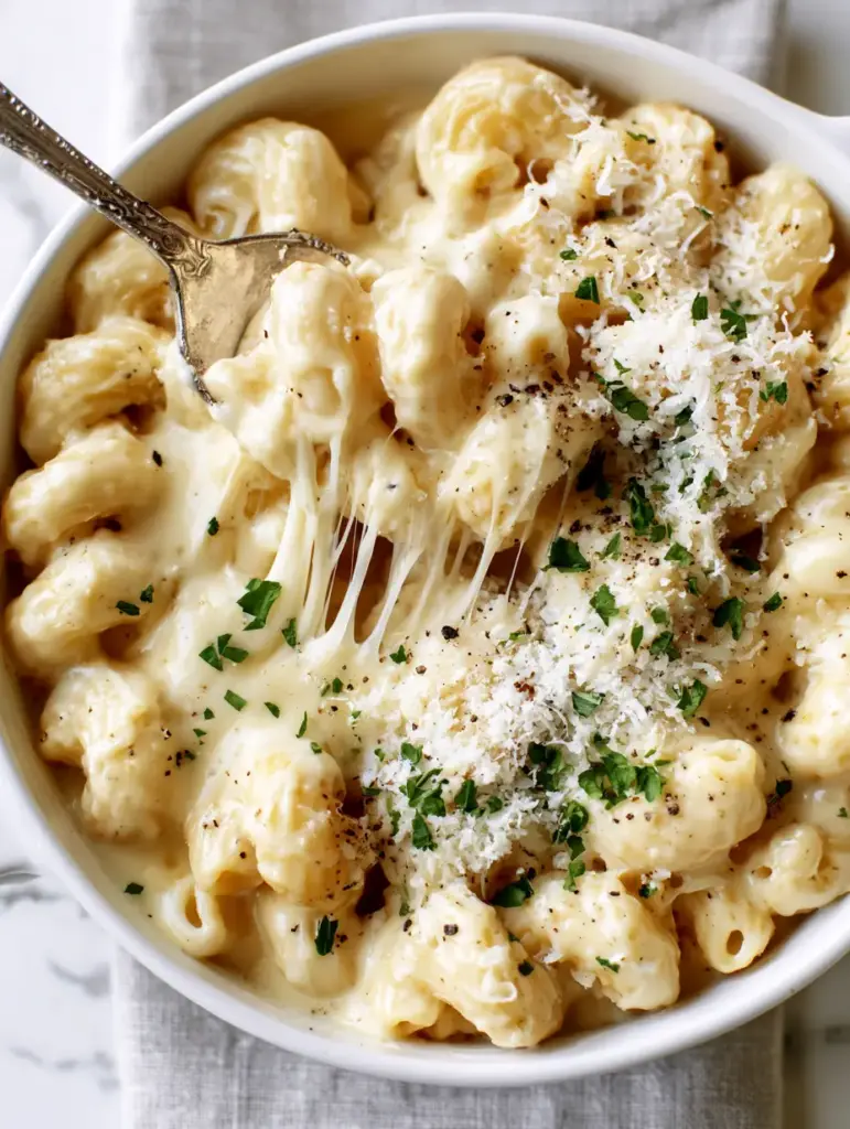 Three-Cheese Pasta with Glossy Gruyere and Sharp Cheddar 2 A white ceramic pot filled with glossy cavatappi noodles in a pale ivory three-cheese pasta sauce garnished with parsley.