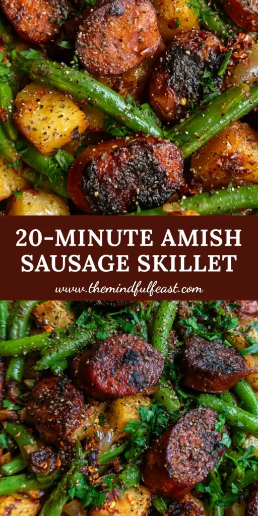 Amish Sausage and Green Beans: The Ultimate One-Pan Skillet Dinner 3 A top-down view of a cast iron skillet filled with Amish sausage and green beans, roasted potatoes, and fresh parsley on a wooden table.