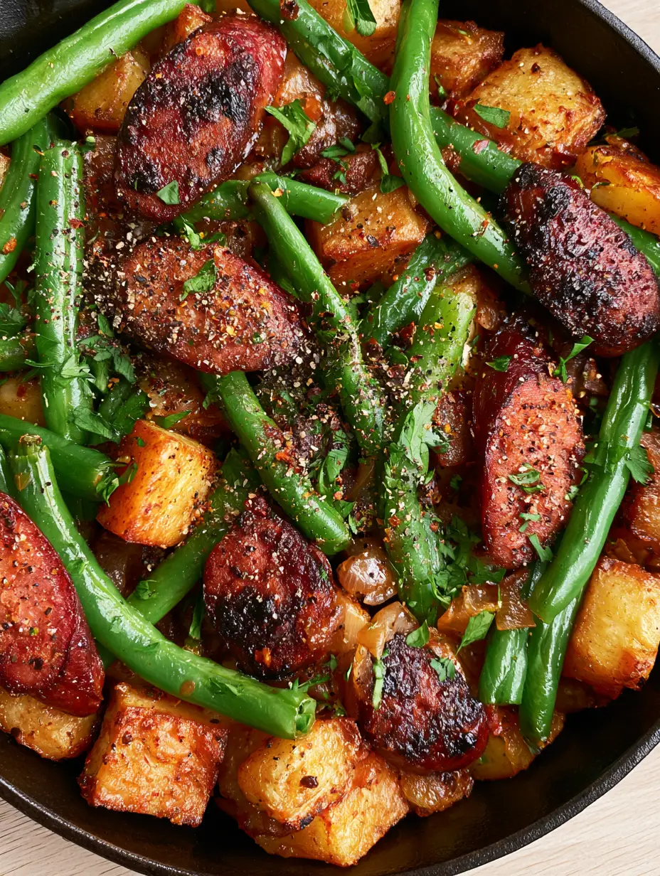 Amish Sausage and Green Beans: The Ultimate One-Pan Skillet Dinner 4 Close up of seared smoked sausage rounds and blistered green beans in a cast iron pan. (Amish sausage and green beans)