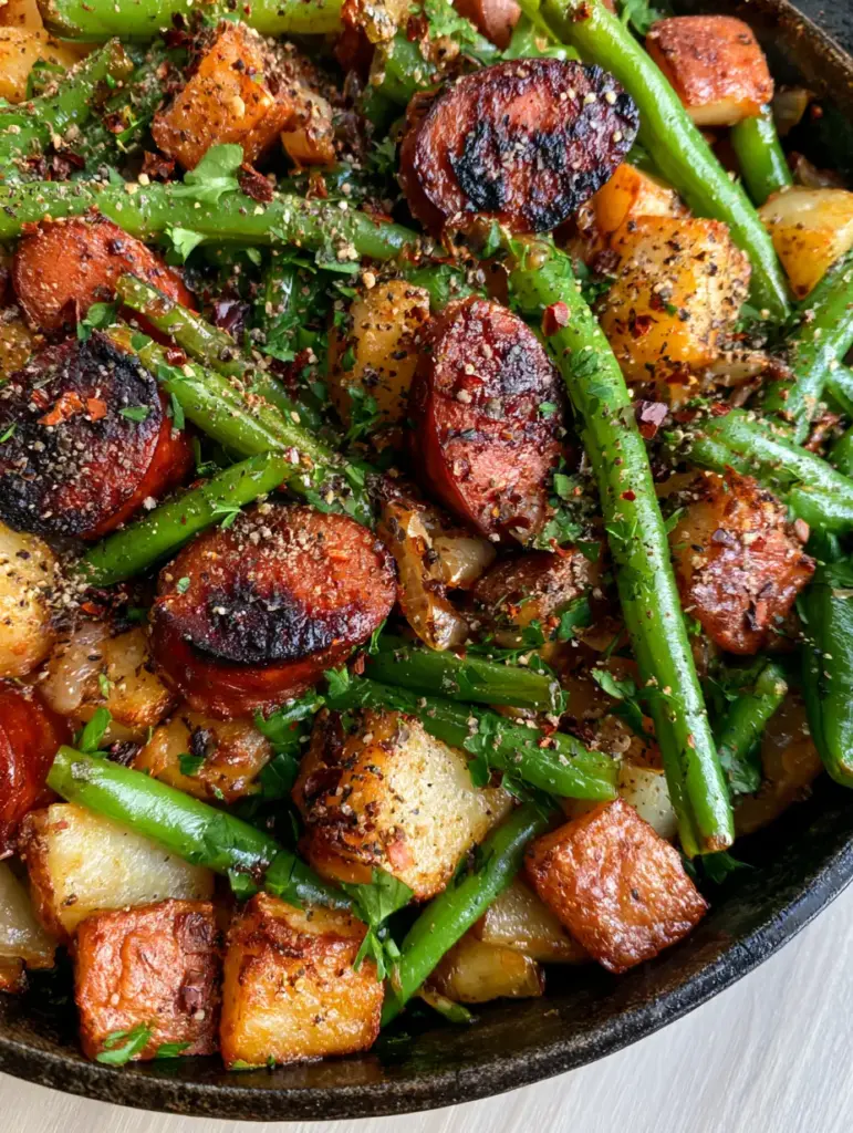 Amish Sausage and Green Beans: The Ultimate One-Pan Skillet Dinner 1 Rustic one-pan meal featuring Amish sausage and green beans with crispy potato cubes and red pepper flakes.