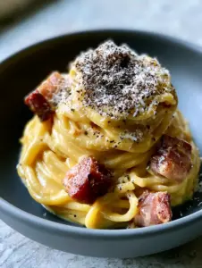 Close-up of glossy spaghetti carbonara with translucent guanciale fat and coarse black pepper. (Carbonara recipe)