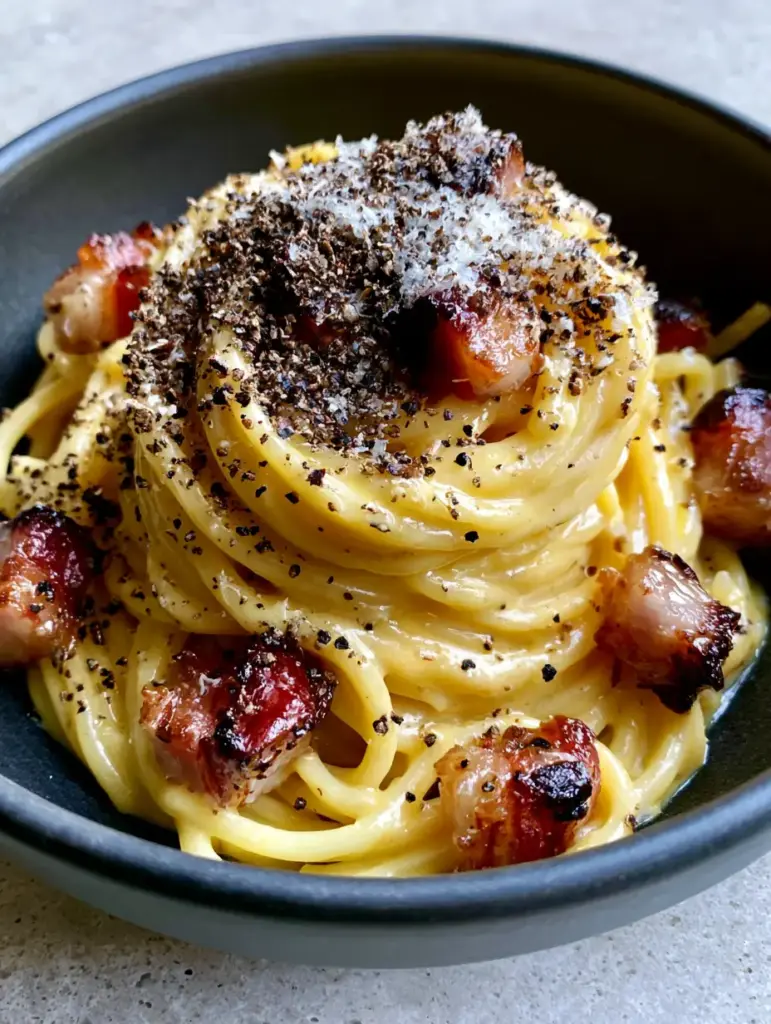 Carbonara Recipe: The Definitive Guide to a Glossy Roman Classic 1 Detailed shot of crispy guanciale cubes tucked into spaghetti carbonara. (Carbonara recipe)