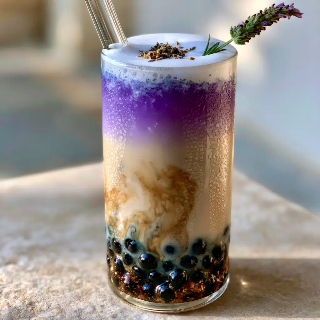 Lavender Milk Tea Recipe: The Ultimate Aesthetic Layered Boba Guide 2 Close up photo of lavender milk tea showing the vibrant purple top layer and white foam.