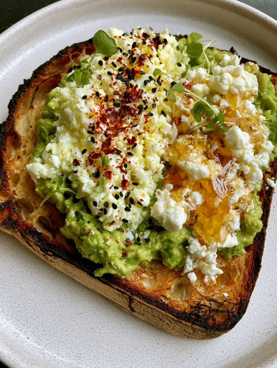 Avocado Toast Recipe with Grated Egg, Feta, and Hot Honey 3 Extreme close-up of Avocado Toast Recipe showing charred sourdough edges and vibrant green chunky avocado.