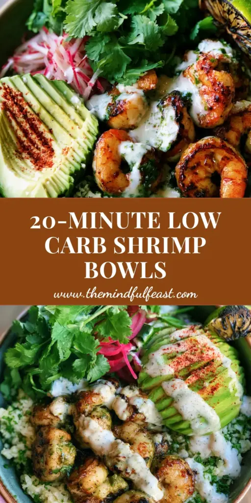 A top-down view of vibrant shrimp and avocado bowls held in a ceramic bowl, featuring charred jumbo shrimp, fanned avocado, and a heavy lime-crema drizzle. (shrimp and avocado bowls)