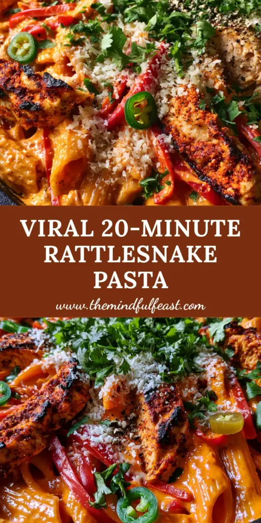 Spicy Rattlesnake Pasta with Blackened Chicken and Creamy Cayenne Sauce 4 A close-up shot of Spicy Rattlesnake Pasta in a skillet, featuring creamy orange sauce, charred chicken, and fresh cilantro.