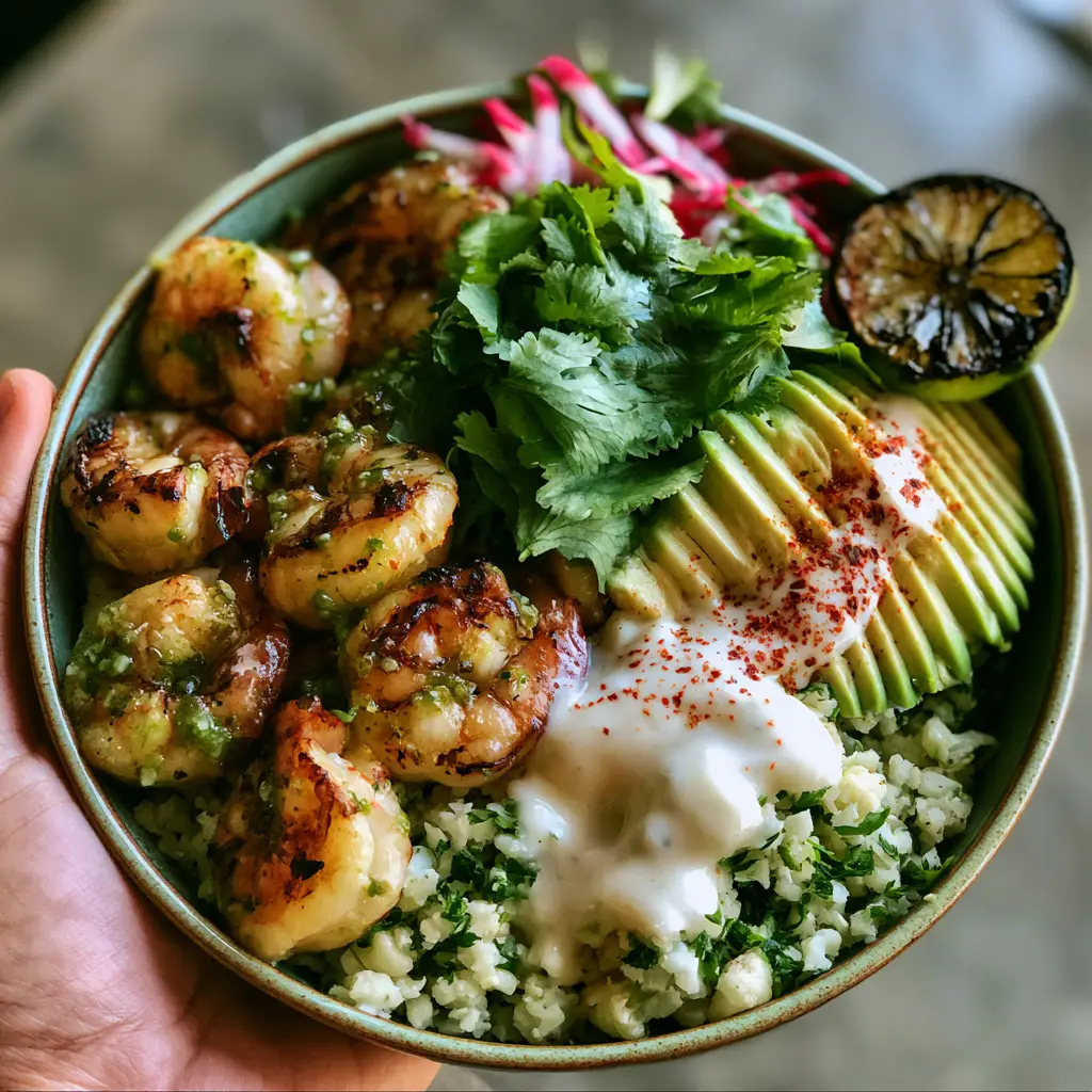 Overhead angled view of shrimp and avocado bowls showing fanned avocado, red radishes, and thick crema drizzle.