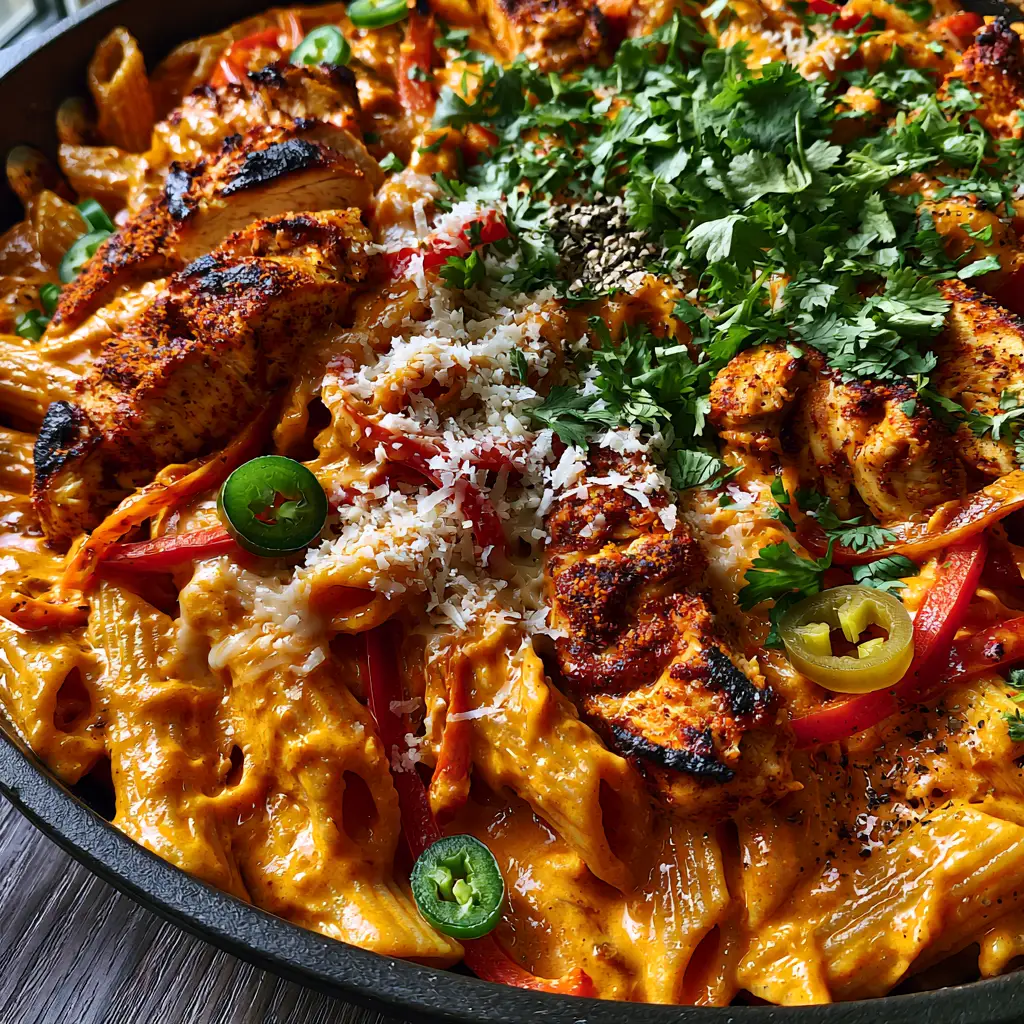 Spicy Rattlesnake Pasta with Blackened Chicken and Creamy Cayenne Sauce 2 Extreme close-up of Spicy Rattlesnake Pasta showing glossy orange-cream sauce coating penne and charred chicken slices.
