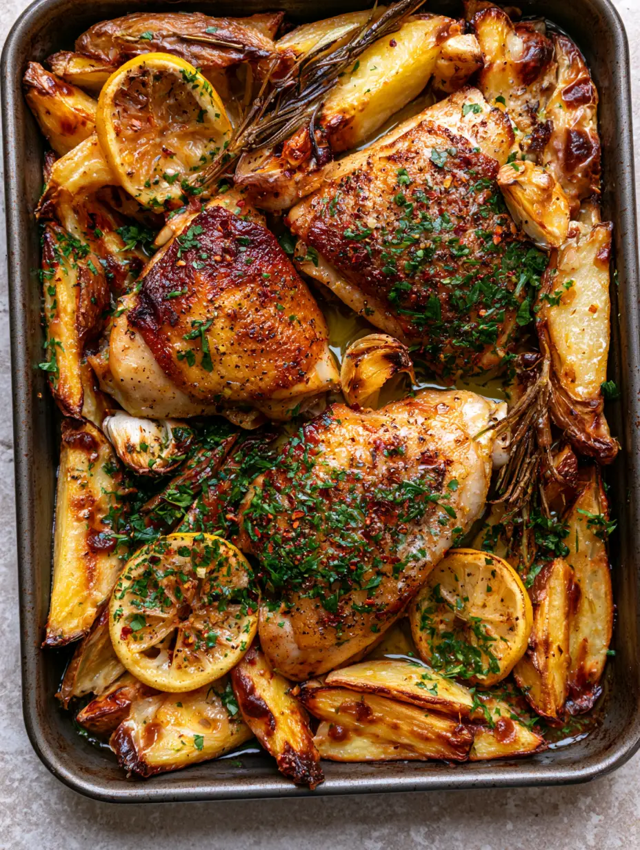 one-pan dinners: Crispy Lemon Garlic Chicken Thighs with Charred Yukon Wedges 3 Top-down view of one-pan dinners featuring golden-brown roasted potato wedges and seared chicken thighs with rosemary.