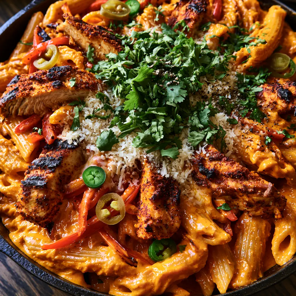 Spicy Rattlesnake Pasta with Blackened Chicken and Creamy Cayenne Sauce 1 Top-down view of a black skillet filled with Spicy Rattlesnake Pasta, garnished with jalapeños and cilantro.