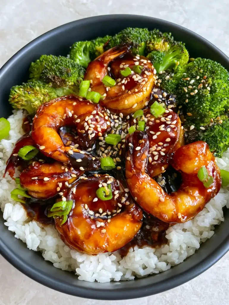 Teriyaki Shrimp Rice Bowls with Blistered Broccoli 1 Close-up of blistered bright green broccoli florets next to mahogany-colored teriyaki shrimp in a matte charcoal bowl.