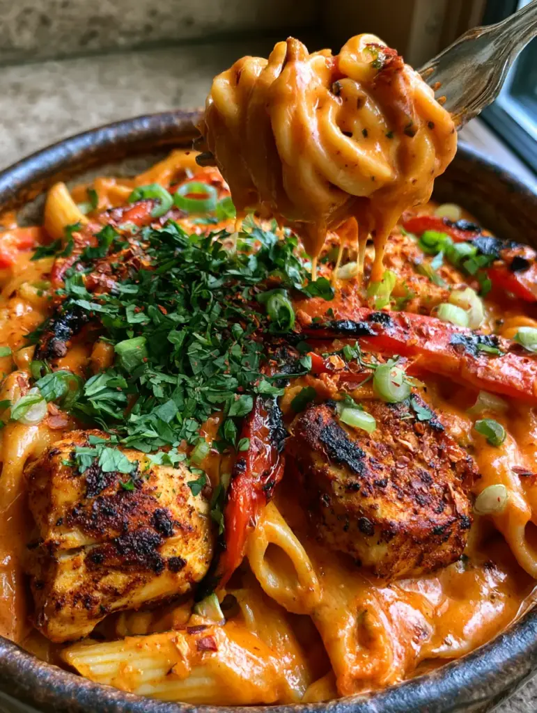 Cajun Linguine with Blackened Chicken and Creamy Penne 1 A silver fork lifting a swirl of creamy Cajun penne pasta, showing the thick and silky texture of the orange cream sauce.