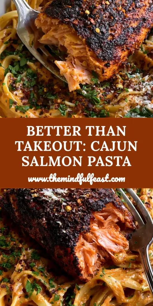 A top-down smartphone photo of Blackened Cajun salmon pasta in a white bowl showing flaky salmon and orange cream sauce.