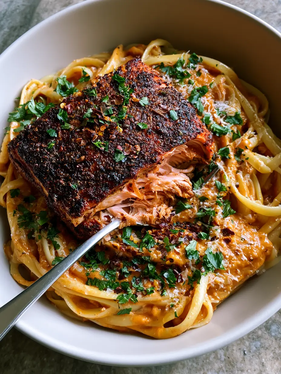 Close up of a seared salmon fillet with a dark crust on top of creamy fettuccine. (Blackened Cajun salmon pasta)