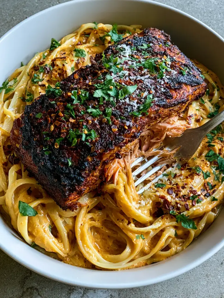 Top-down view of the completed Blackened Cajun salmon pasta garnished with parsley and red pepper flakes.