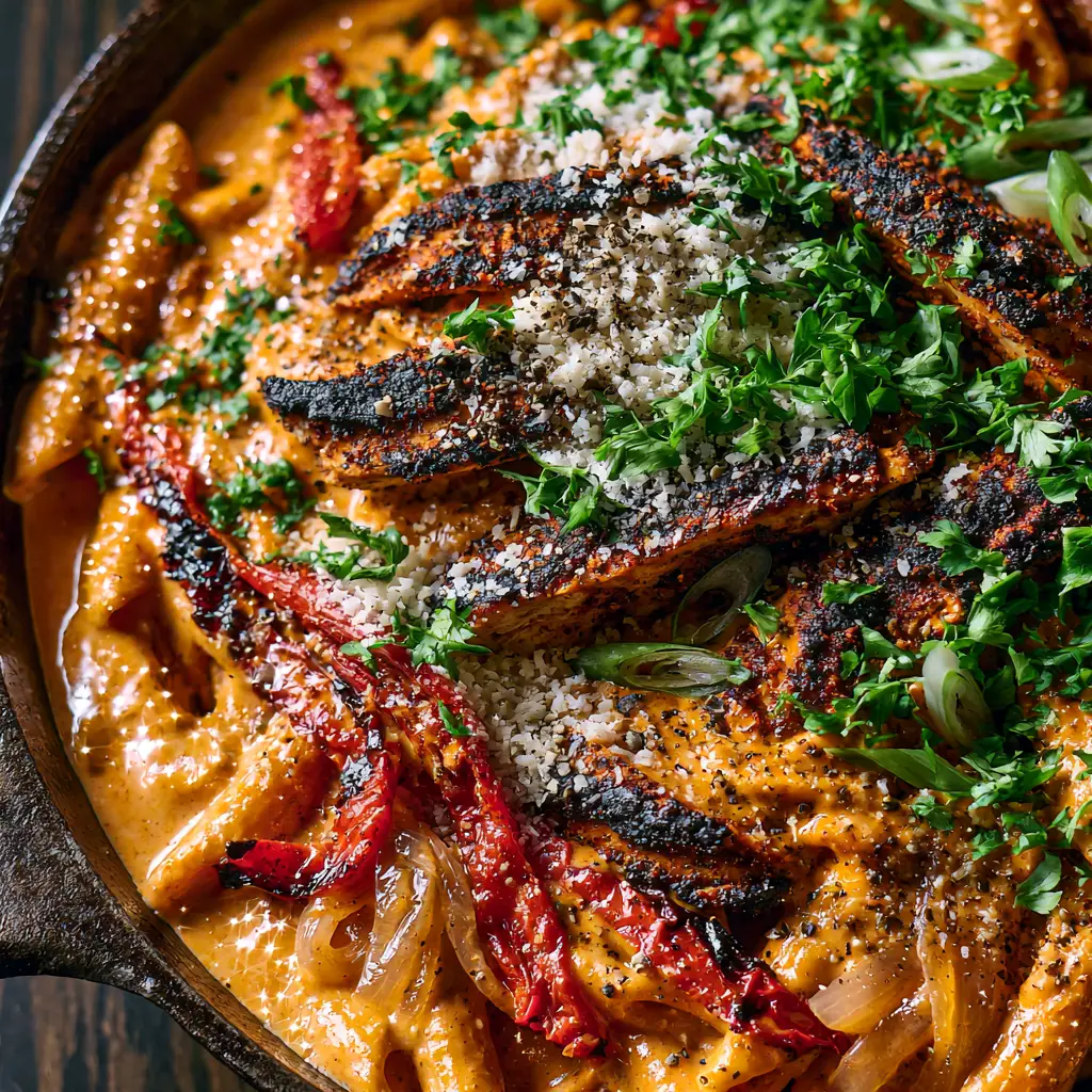 Creamy Cajun Pasta Recipe with Charred Chicken and Blistered Peppers 2 Close-up of al dente penne drenched in thick orange Cajun cream sauce with blackened chicken. (Creamy Cajun pasta recipe)