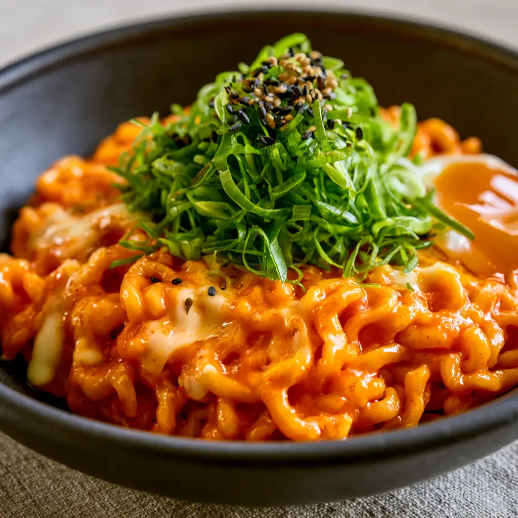 Buldak Noodles: The Ultimate Creamy Spicy Korean Ramen Recipe 2 Close-up handheld photo of thick wavy Buldak noodles coated in a vibrant orange-red spicy sauce. (Buldak)