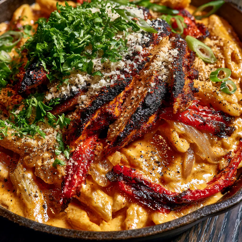 Creamy Cajun Pasta Recipe with Charred Chicken and Blistered Peppers 1 Extreme macro showing glistening chili oil droplets and finely grated parmesan over Cajun pasta.