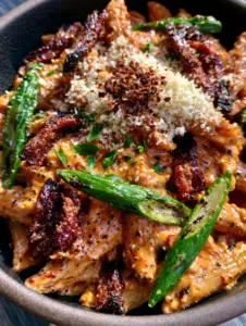 Macro overhead shot of bacon asparagus cajun pasta showing the glossy orange sauce and crispy lardons.