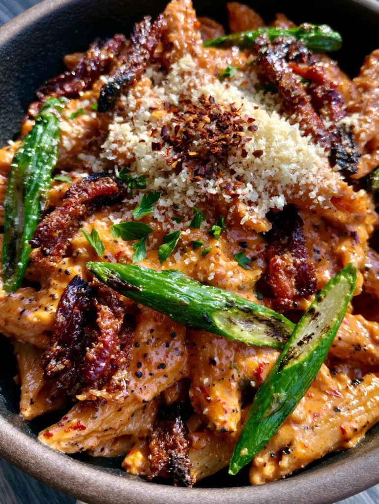 Bacon Asparagus Cajun Pasta with Creamy Sunset-Orange Sauce 2 Macro overhead shot of bacon asparagus cajun pasta showing the glossy orange sauce and crispy lardons.