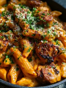 Extreme macro of glossy orange-red cajun pasta sauce coating penne with seared sausage edges visible.