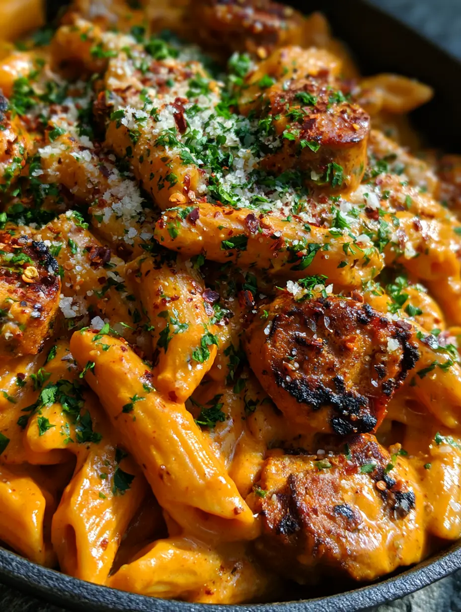 Extreme macro of glossy orange-red cajun pasta sauce coating penne with seared sausage edges visible.