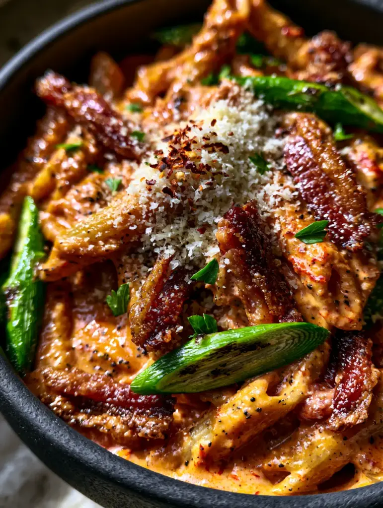 Bacon Asparagus Cajun Pasta with Creamy Sunset-Orange Sauce 1 Detailed close-up of charred diagonal asparagus spears and parmesan snowfall on bacon asparagus cajun pasta.