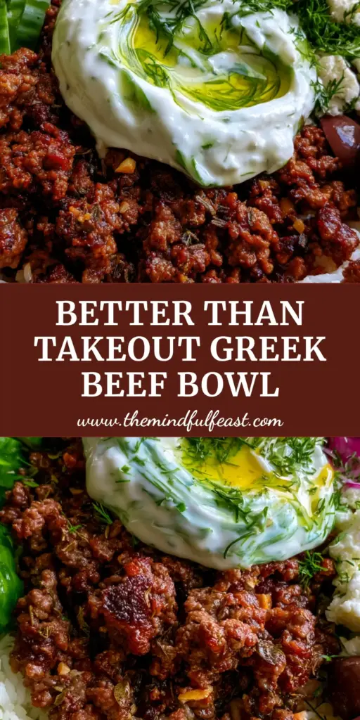 Greek Beef Bowl with Caramelized Beef and Creamy Tzatziki 3 A top-down view of a Greek beef bowl with caramelized ground beef, fluffy basmati rice, feta, olives, and a dollop of tzatziki.