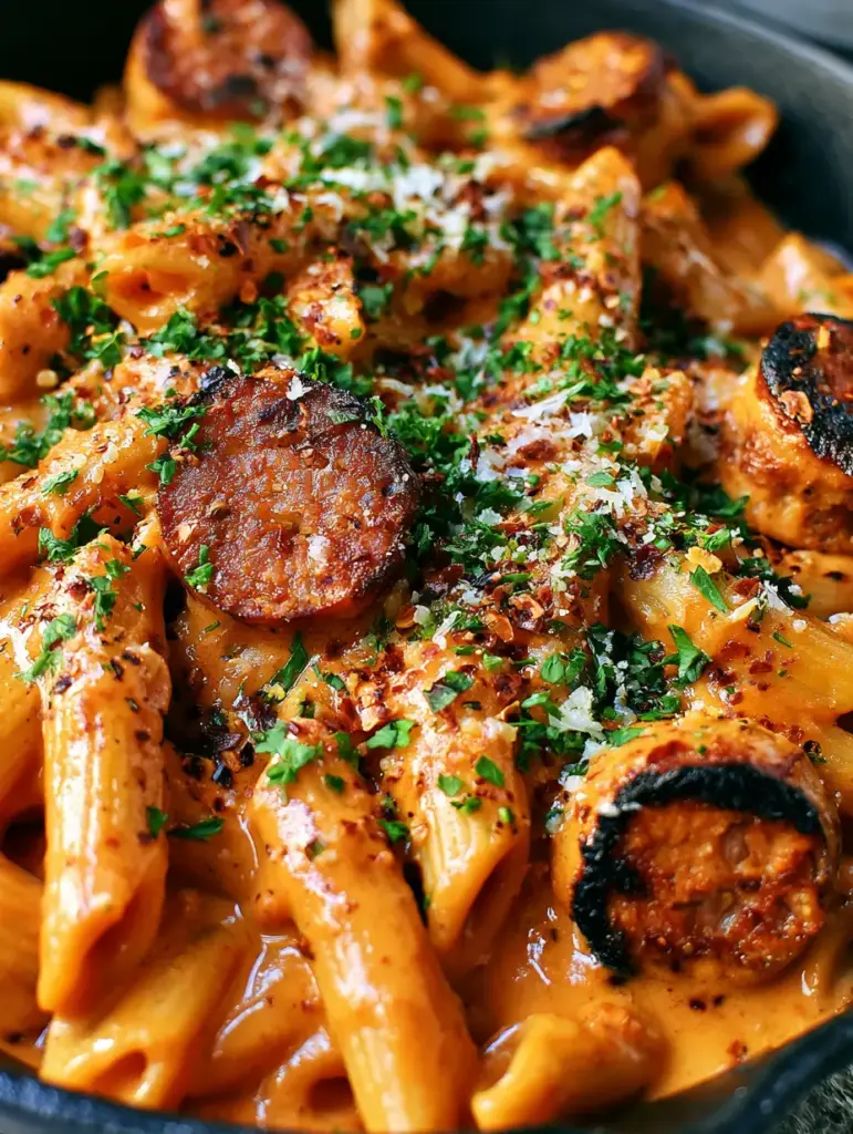 Overhead view of a black cast iron skillet containing cajun pasta with seared sausage and parmesan flakes.