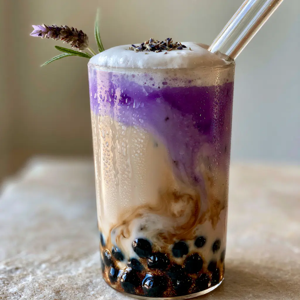 Lavender Milk Tea Recipe: The Ultimate Aesthetic Layered Boba Guide 1 Side view of lavender milk tea glass with condensation and glossy black boba pearls at the bottom.