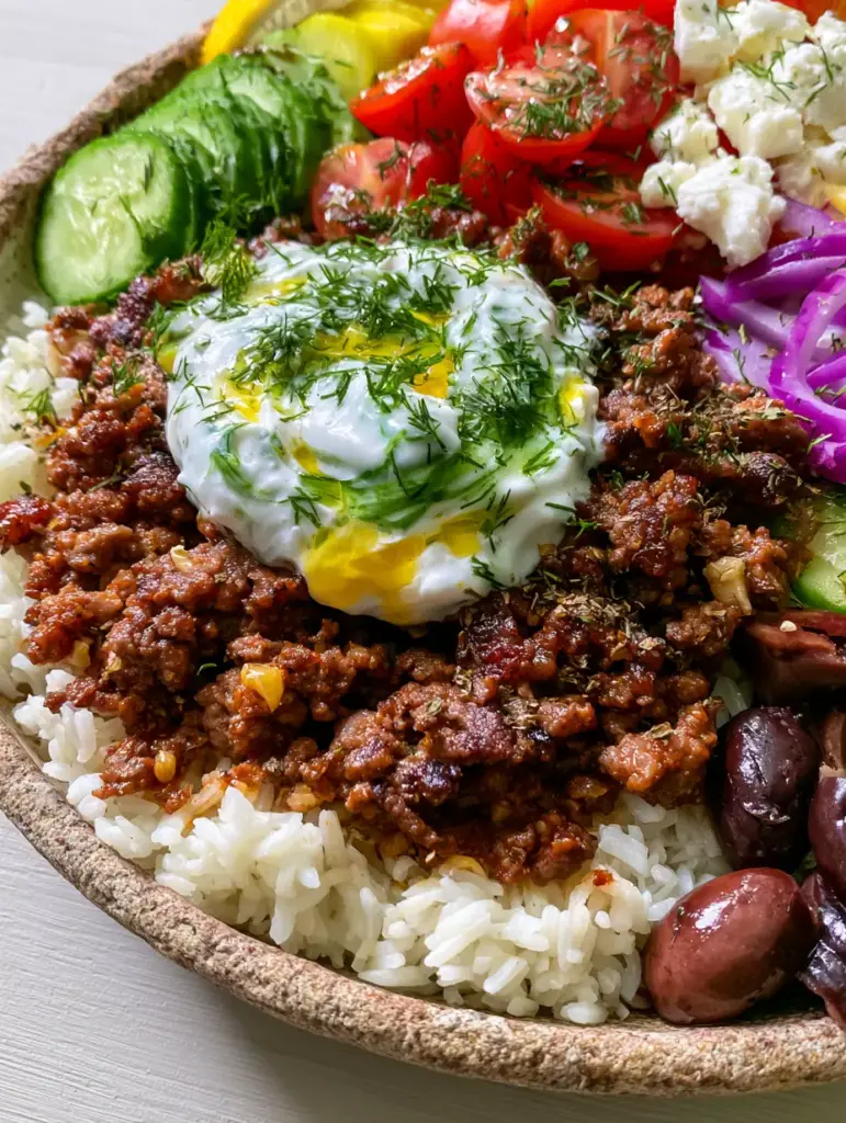 Greek Beef Bowl with Caramelized Beef and Creamy Tzatziki 2 A handheld smartphone photo showing a rustic ceramic bowl filled with caramelized ground beef, vibrant vegetables, and creamy white tzatziki sauce.