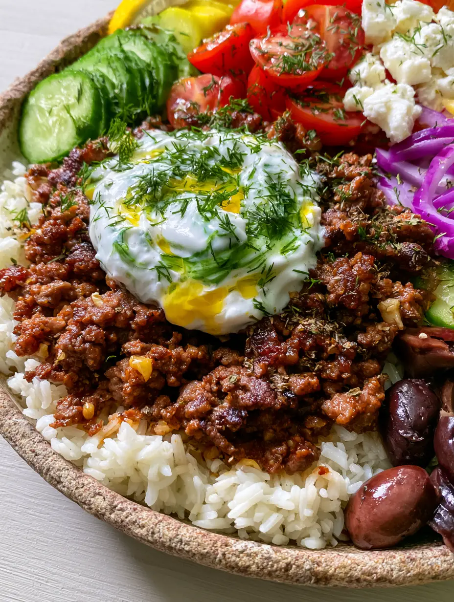 Greek Beef Bowl with Caramelized Beef and Creamy Tzatziki 4 A handheld smartphone photo showing a rustic ceramic bowl filled with caramelized ground beef, vibrant vegetables, and creamy white tzatziki sauce.