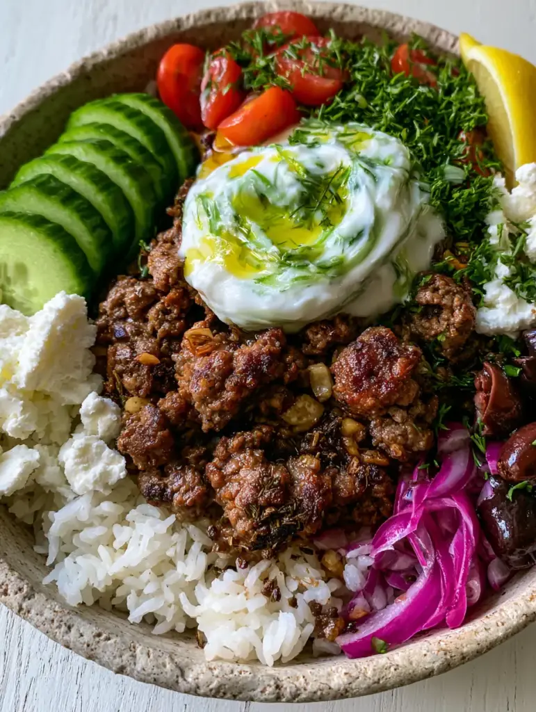 Greek Beef Bowl with Caramelized Beef and Creamy Tzatziki 1 Vibrant Greek beef bowl on a light wooden table with natural daylight highlighting the fresh cucumbers, red onions, and dill.