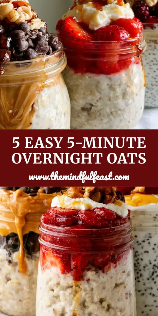 Easy Overnight Oats: The Ultimate 5-Way Creamy Breakfast Meal Prep 3 A side-by-side arrangement of five elegant minimalist glass jars filled with thick easy overnight oats and vibrant layers of strawberries, peanut butter, and walnuts.