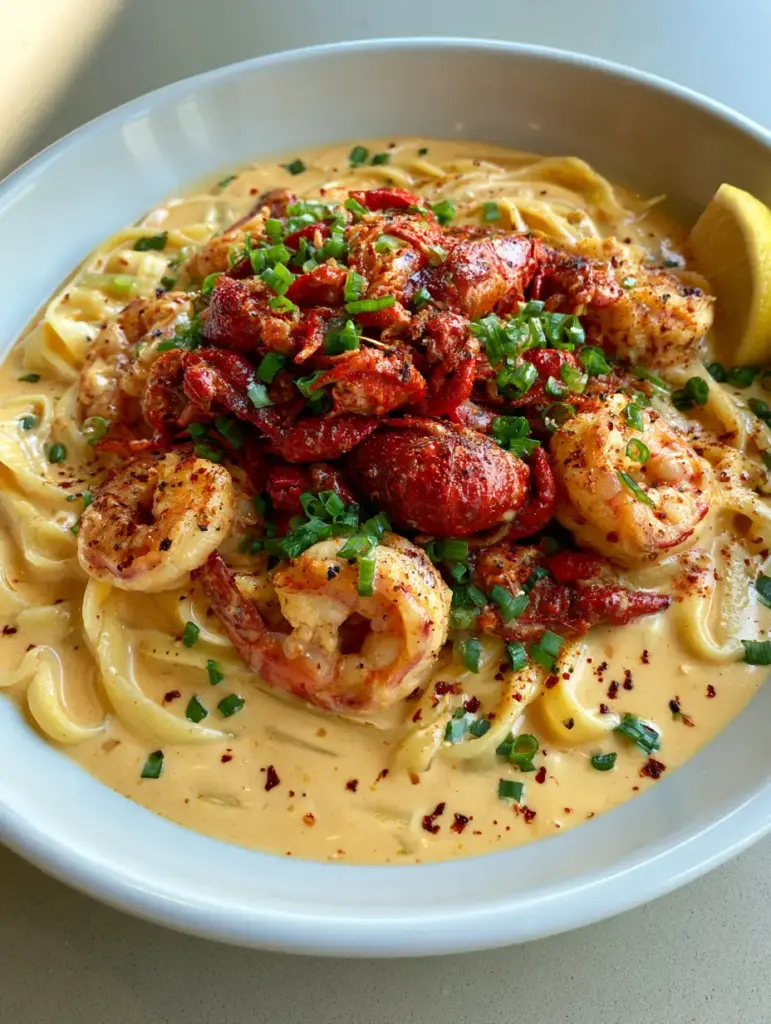 Pappadeaux Mardi Gras Pasta: A Creamy Cajun Seafood Masterpiece 1 A shallow white bowl of pappadeaux mardi gras pasta garnished with scallions and a lemon wedge on a grey concrete surface.