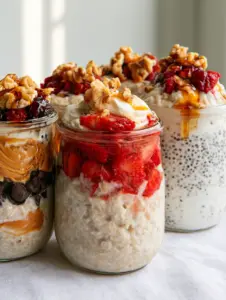 Close up of easy overnight oats showing a thick swirl of glossy peanut butter and dark chocolate chips in a glass jar.