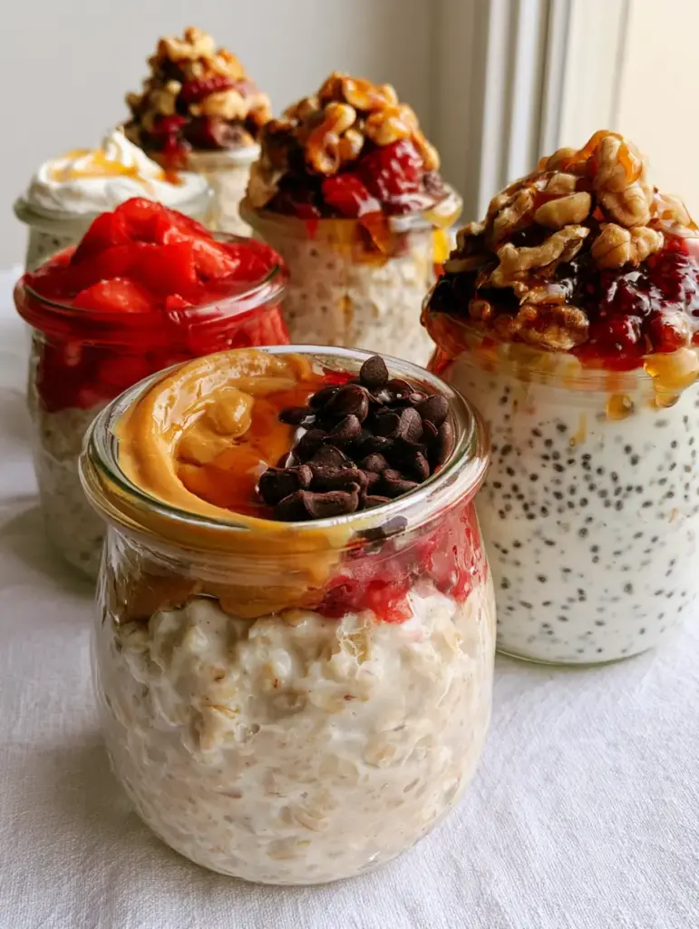 Easy Overnight Oats: The Ultimate 5-Way Creamy Breakfast Meal Prep 1 Minimalist jars of easy overnight oats with bright red strawberry slices and whipped cream cheese garnishes on a white linen surface.