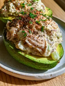 Handheld photo of a Chicken salad stuffed avocado overflowing with creamy chicken, celery, and red onion on a rustic plate.