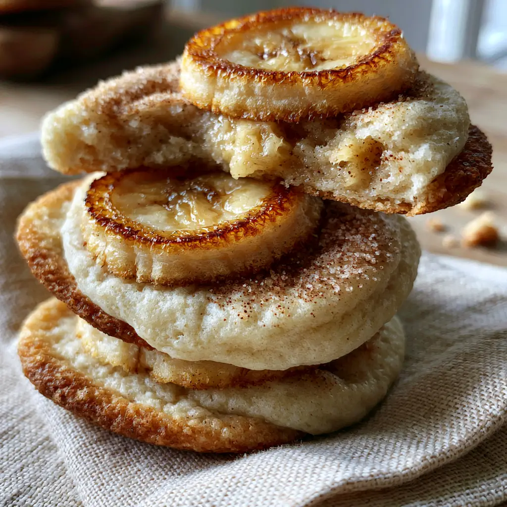 Banana Bread Cookies: Pillowy Soft with Caramelized Banana Toppings 1 Top view of banana bread cookies featuring perfectly circular caramelized banana slices and golden-brown edges.