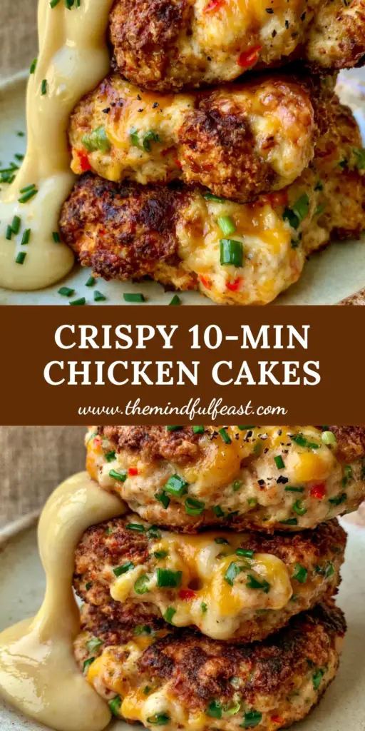 A stack of three thick air-fried chicken cakes with bubbling cheddar cheese and garlic aioli drizzle. (chicken cake)