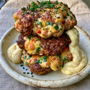 Close-up handheld shot of three thick golden-brown chicken cakes on a ceramic plate. (chicken cake)