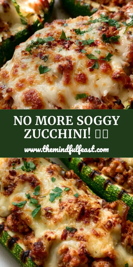 Stuffed Zucchini Boats with Savory Ground Turkey and Toasted Parmesan 4 A close-up shot of three Stuffed Zucchini Boats on a white plate featuring charred forest green skins and bubbly melted mozzarella with golden-brown spots.