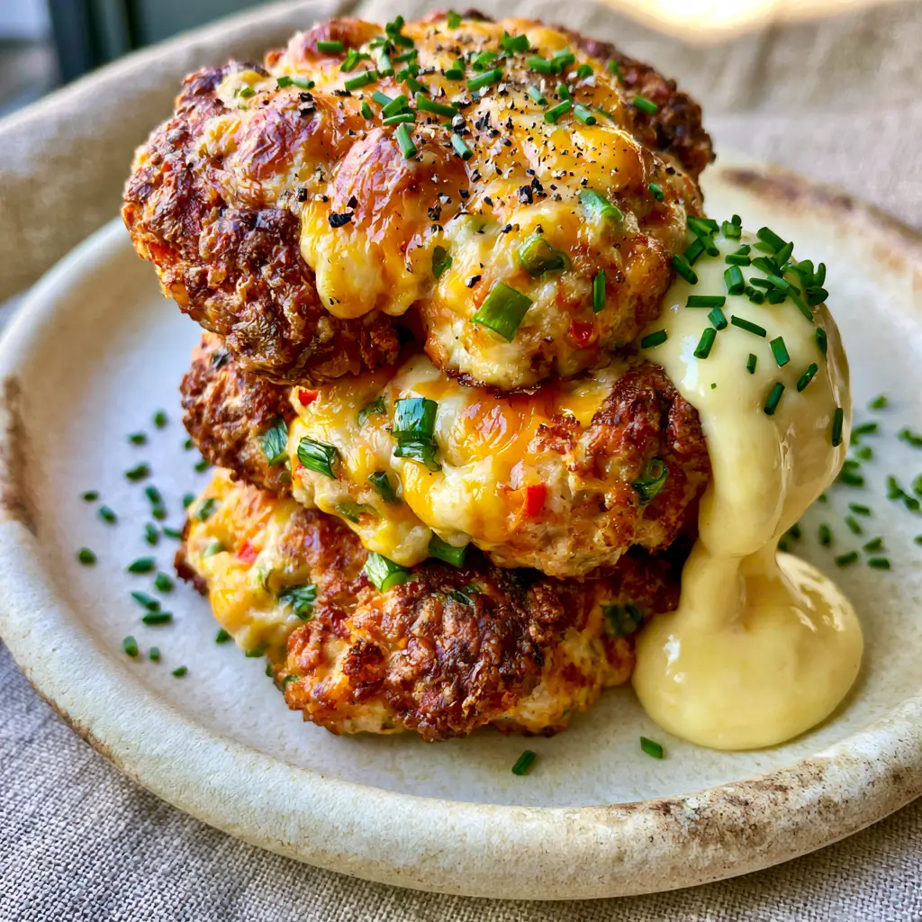 Detailed view of bubbling cheddar cheese on a chicken cake stack with fresh chive garnish. (chicken cake)
