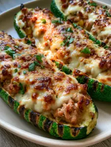 High-angle view of Stuffed Zucchini Boats with browned ground turkey, sautéed bell peppers, and a toasted parmesan crust sprinkled with red chili flakes.