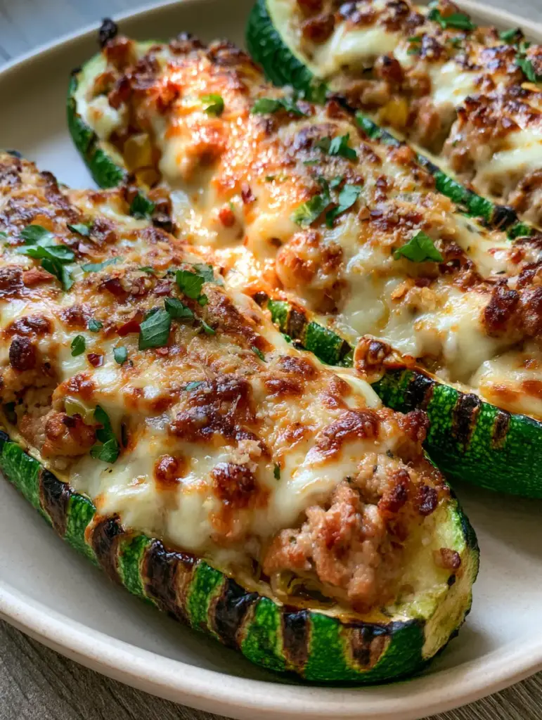 Stuffed Zucchini Boats with Savory Ground Turkey and Toasted Parmesan 2 High-angle view of Stuffed Zucchini Boats with browned ground turkey, sautéed bell peppers, and a toasted parmesan crust sprinkled with red chili flakes.