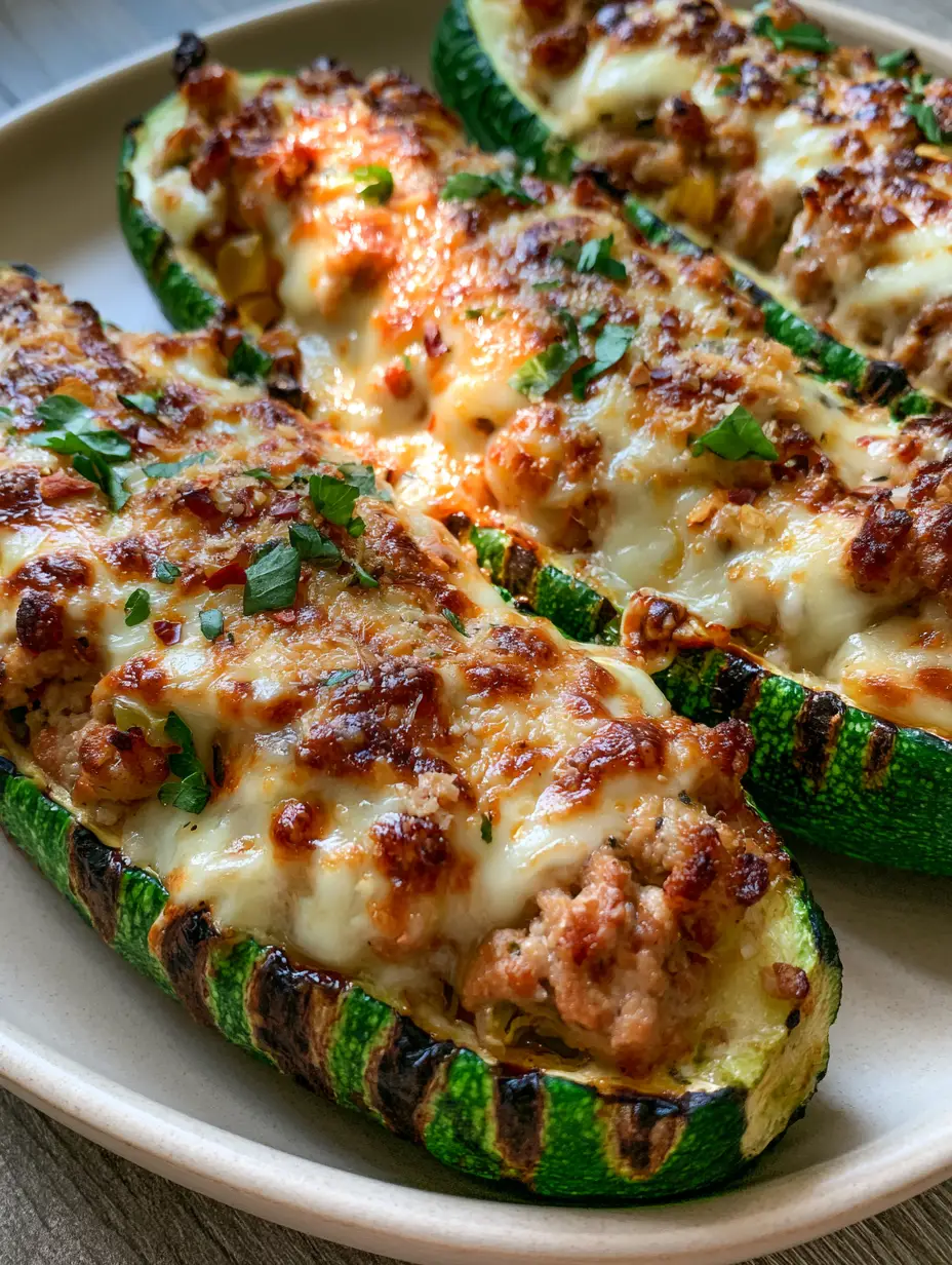 Stuffed Zucchini Boats with Savory Ground Turkey and Toasted Parmesan 3 High-angle view of Stuffed Zucchini Boats with browned ground turkey, sautéed bell peppers, and a toasted parmesan crust sprinkled with red chili flakes.