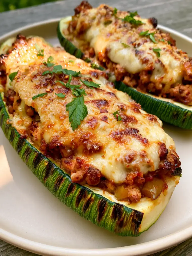 Stuffed Zucchini Boats with Savory Ground Turkey and Toasted Parmesan 1 Close-up of three Stuffed Zucchini Boats on a ceramic plate, showing the texture of the mozzarella and parmesan topping and fresh parsley garnish.