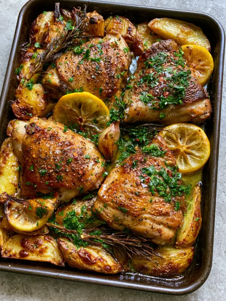one-pan dinners: Crispy Lemon Garlic Chicken Thighs with Charred Yukon Wedges 1 Close-up of blistered lemon rounds and scorched garlic cloves on a sheet pan for one-pan dinners.