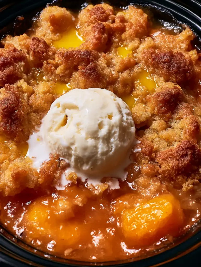 Slow Cooker Peach Bake with Golden Cake Mix Crumble 2 Extreme macro shot of bubbling amber peach syrup and craggy cake crumble in a black slow cooker. (slow cooker peach bake)