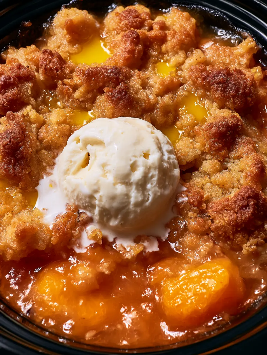 Slow Cooker Peach Bake with Golden Cake Mix Crumble 3 Extreme macro shot of bubbling amber peach syrup and craggy cake crumble in a black slow cooker. (slow cooker peach bake)